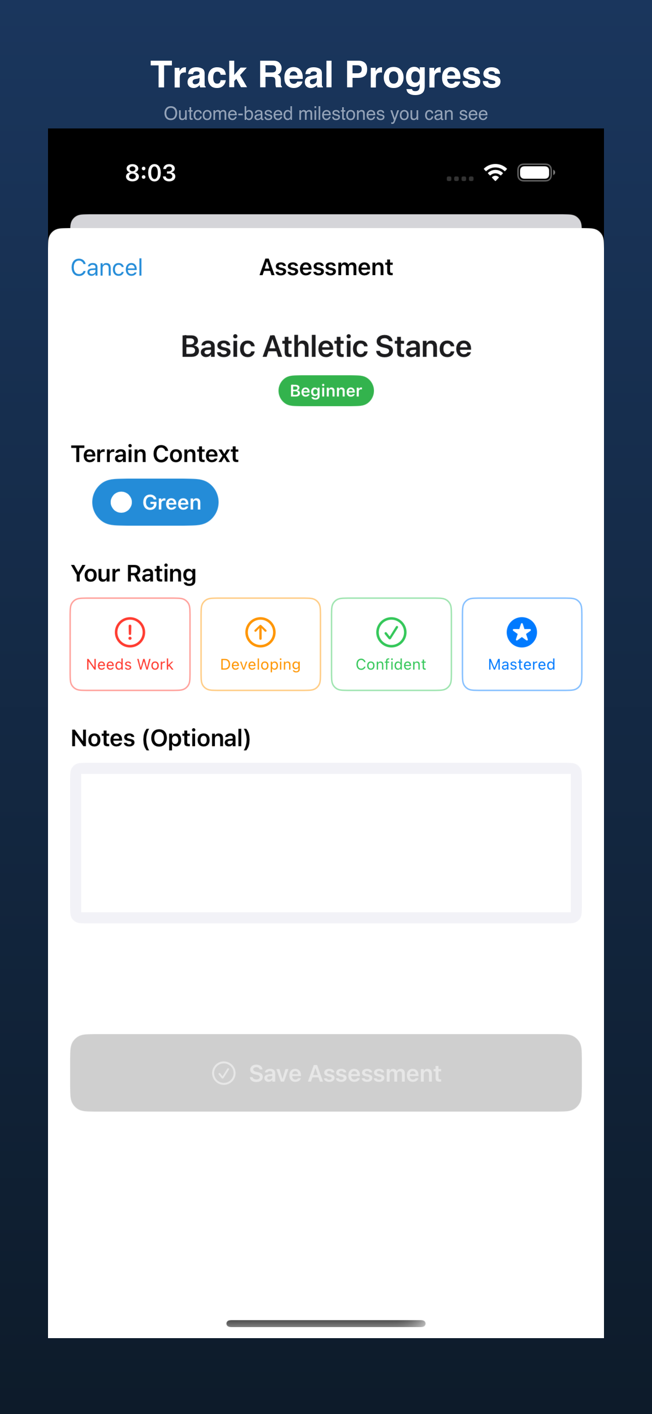 Turn Lab skill assessment screen for tracking your skiing progress and confidence level